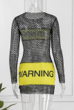 Sexy Casual Letter Patchwork Hollowed Out See-through O Neck Long Sleeve Dresses