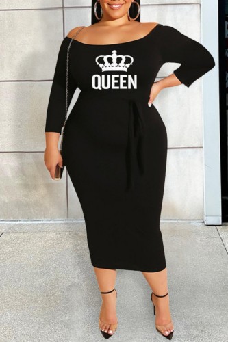 Casual Letter Print With Belt Off the Shoulder One Step Skirt Plus Size Dresses