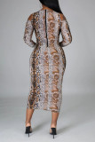 Sexy Print Leopard Bandage Hollowed Out Patchwork V Neck One Step Skirt Dresses