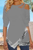 Casual Solid Hollowed Out Sequins Patchwork Asymmetrical O Neck Tops