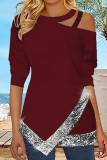 Casual Solid Hollowed Out Sequins Patchwork Asymmetrical O Neck Tops