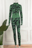 Casual Camouflage Print Patchwork Zipper Long Sleeve Two Pieces