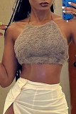 Sexy Solid Bandage Patchwork Backless Halter Tops