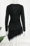 Sexy Solid Patchwork Feathers Asymmetrical V Neck Evening Dress Dresses