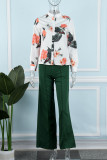 Casual Print Patchwork Buckle Mandarin Collar Long Sleeve Two Pieces
