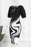 Elegant Print Bandage Patchwork Asymmetrical Collar One Step Skirt Dresses