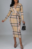 Sexy Print Bandage Patchwork Turndown Collar Pencil Skirt Dresses