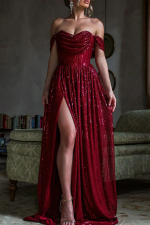 Elegant Solid Sequins Patchwork Slit Fold Strapless Evening Dress Dresses