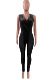 Sexy Solid Patchwork See-through V Neck Regular Jumpsuits
