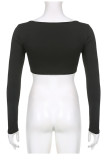 Sexy Solid Patchwork Buckle Asymmetrical Square Collar Tops