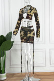 Sexy Casual Camouflage Print Hollowed Out Frenulum Backless Turndown Collar Long Sleeve Two Pieces
