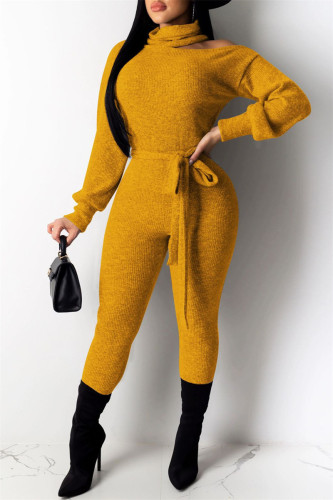 Casual Solid Hollowed Out Turtleneck Skinny Jumpsuits