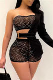 Sexy Patchwork Hot Drilling See-through Backless One Shoulder Long Sleeve Two Pieces