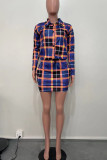 Casual Plaid Print Patchwork Buckle Turndown Collar Long Sleeve Two Pieces