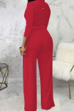 Casual Solid Bandage Patchwork Buckle Mandarin Collar Straight Jumpsuits