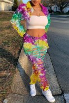 Casual Tie Dye Ripped Turndown Collar Long Sleeve Two Pieces