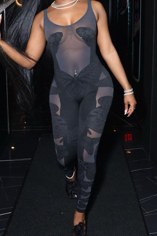 Sexy Solid Patchwork See-through U Neck Skinny Jumpsuits