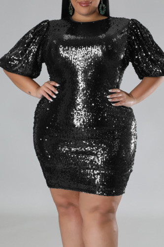 Casual Solid Sequins Patchwork O Neck One Step Skirt Plus Size Dresses