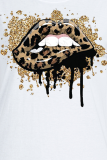 Street Vintage Leopard Lips Printed Patchwork O Neck T-Shirts
