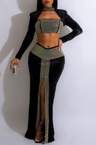 Sexy Patchwork Hot Drilling Hollowed Out Backless Slit Half A Turtleneck Long Sleeve Two Pieces