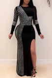 Sexy Patchwork Hot Drilling Slit O Neck Long Sleeve Dresses