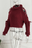 Casual Solid Bandage Hollowed Out Patchwork Turtleneck Tops