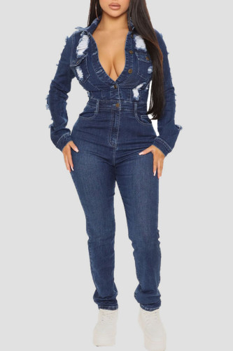 Street Solid Ripped Make Old Patchwork Buckle Turndown Collar Long Sleeve High Waist Regular Denim Jumpsuits