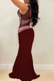 Sexy Formal Patchwork Hot Drilling See-through Turtleneck Evening Dress Dresses