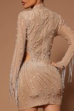 Sexy Patchwork Tassel Hollowed Out Beading Turtleneck Long Sleeve Dresses