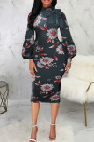 Casual Print Patchwork With Bow Half A Turtleneck Dresses