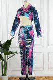 Casual Tie Dye Ripped Turndown Collar Long Sleeve Two Pieces