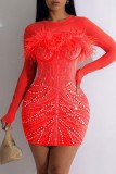 Sexy Patchwork Hot Drilling See-through Feathers Pearl O Neck Long Sleeve Dresses