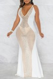 Sexy Patchwork Hot Drilling See-through Backless Spaghetti Strap Long Dress