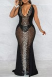 Sexy Patchwork Hot Drilling See-through Backless Spaghetti Strap Long Dress