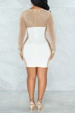 Sexy Patchwork Hot Drilling See-through O Neck Long Sleeve Dresses