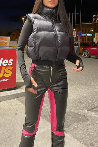 Street Solid Patchwork Zipper Collar Outerwear