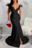 Sexy Solid Patchwork Feathers V Neck Evening Dress Dresses