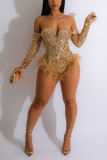 Sexy Solid Sequins Feathers Strapless Regular Rompers