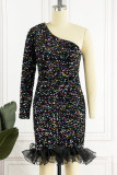 Elegant Solid Sequins Patchwork Oblique Collar Evening Dress Dresses