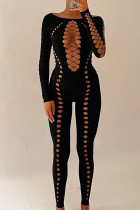 Sexy Solid Hollowed Out Patchwork Off the Shoulder Skinny Jumpsuits