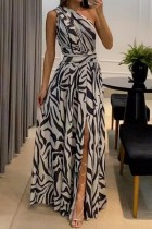 Sexy Casual Print Patchwork Backless Slit Oblique Collar Long Dress