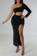 Sexy Solid Hollowed Out Sequins Patchwork Slit Oblique Collar Long Dress Dresses