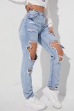 Casual Solid Ripped High Waist Regular Denim Jeans