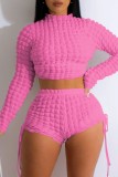 Casual Solid Draw String Frenulum Half A Turtleneck Long Sleeve Two Pieces