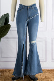 Street Solid Patchwork Slit Asymmetrical High Waist Denim Jeans