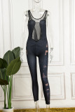 Sexy Solid Patchwork See-through U Neck Skinny Jumpsuits
