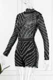 Fashion Sexy Patchwork Hot Drilling See-through Turtleneck Skinny Romper