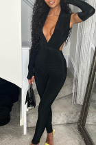 Sexy Solid Hollowed Out Patchwork V Neck Skinny Jumpsuits