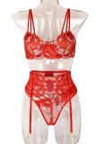 Sexy Solid Embroidered Patchwork See-through Valentines Day Lingerie Three Pieces