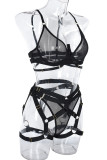 Sexy Solid Bandage Patchwork See-through Valentines Day Lingerie Three Pieces